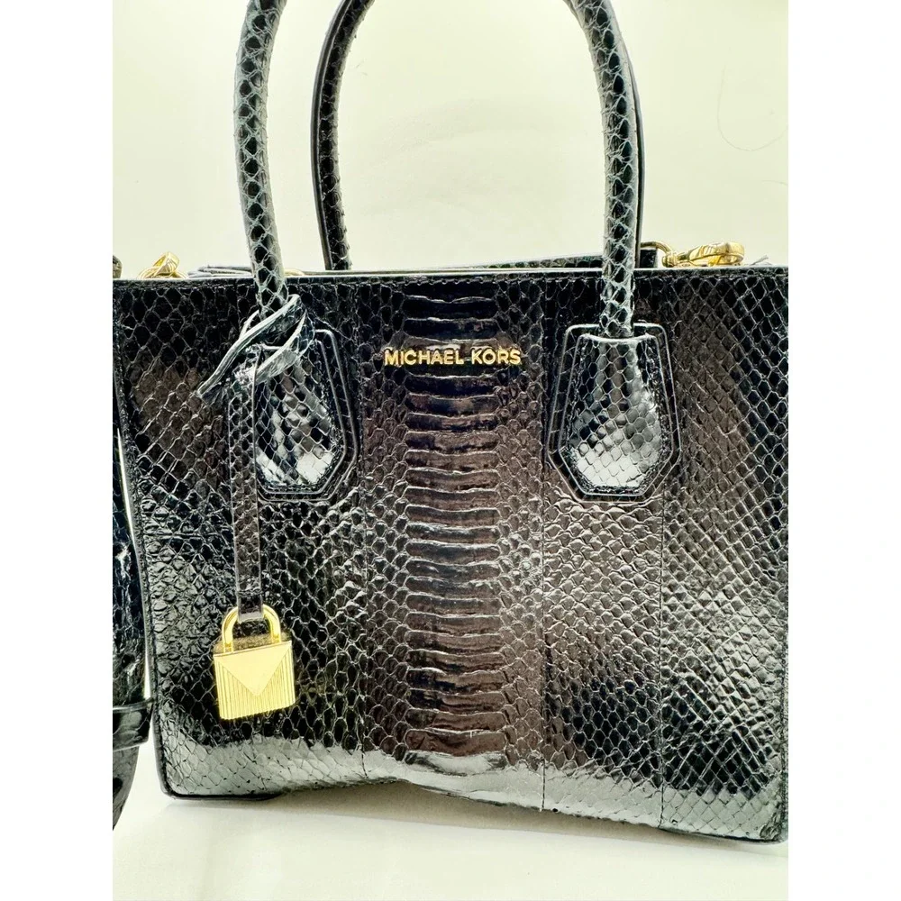 Michael Kors Mercer Messenger Bag Medium Black Snake Embossed Leather Gold Purse
